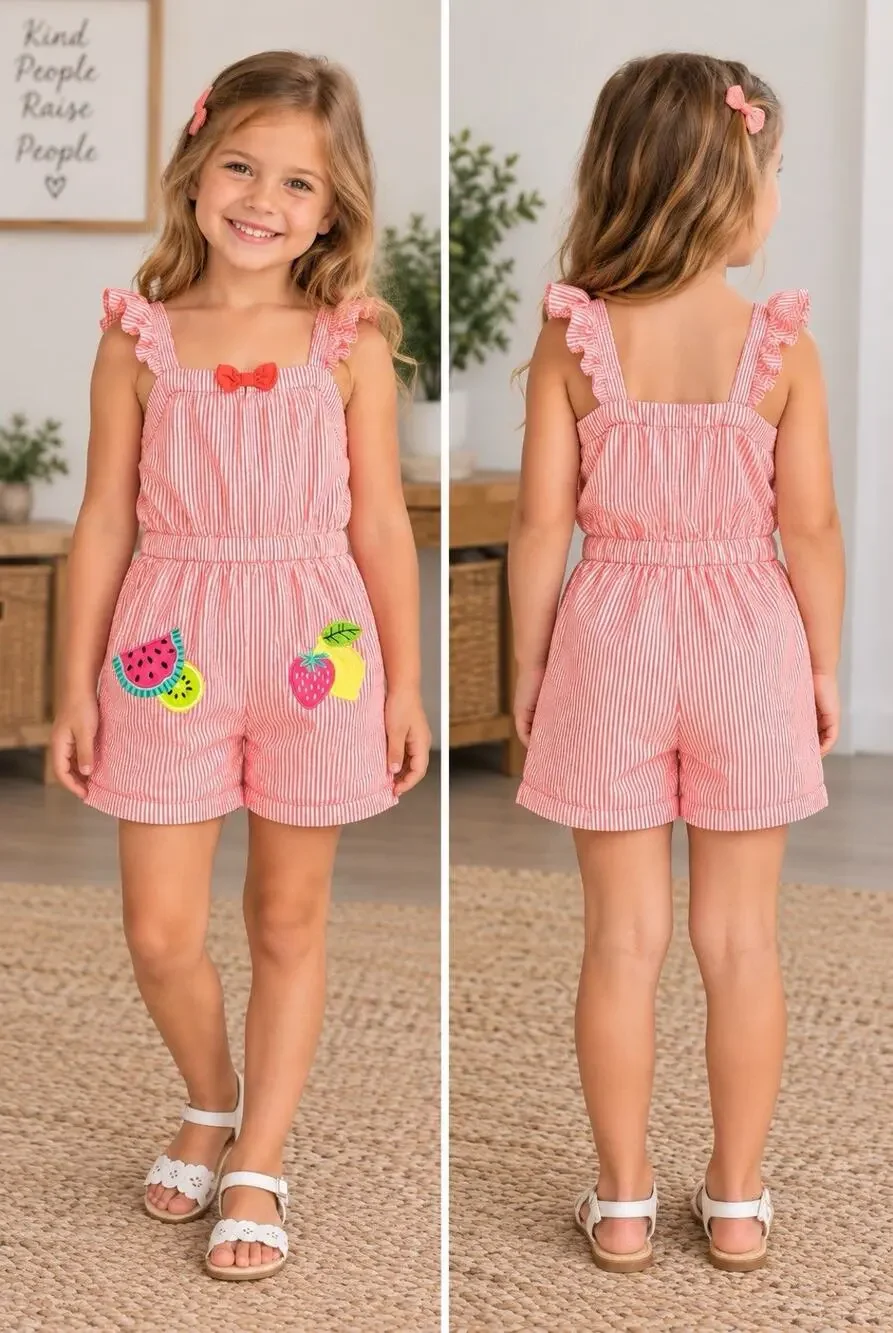 Gymboree Girls Pink/White Striped Seersucker Fruit Romper 5T Sleeveless